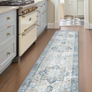 GENIMO 2’6”X6 Runner Rug Non Slip, Machine Washable Hallway Runners, Low Plie & Thin Vintage Rug for Hallway, Kitchen, Laundry, Entryway, Bedroom & Living Room, Dark Gray(Light Blue)