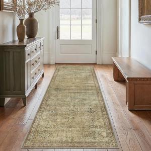 GENIMO 2’6”X6 Runner Rug Non Slip, Machine Washable Hallway Runners, Low Plie & Thin Vintage Rug for Hallway, Kitchen, Laundry, Entryway, Bedroom & Living Room, Dark Gray(Taupe/Brown)
