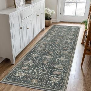 GENIMO 2’6”X6 Runner Rug Non Slip, Machine Washable Hallway Runners, Low Plie & Thin Vintage Rug for Hallway, Kitchen, Laundry, Entryway, Bedroom & Living Room, Dark Gray(Grayish Aqua)