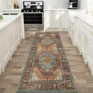 GENIMO 2’6”X6 Runner Rug Non Slip, Machine Washable Hallway Runners, Low Plie & Thin Vintage Rug for Hallway, Kitchen, Laundry, Entryway, Bedroom & Living Room, Dark Gray(Brick Red)