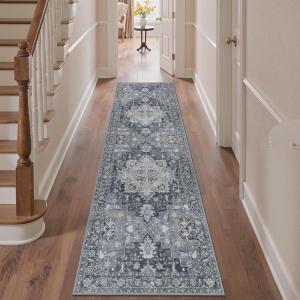 GENIMO 2’6”X6 Runner Rug Non Slip, Machine Washable Hallway Runners, Low Plie & Thin Vintage Rug for Hallway, Kitchen, Laundry, Entryway, Bedroom & Living Room, Dark Gray(Dark Gray)