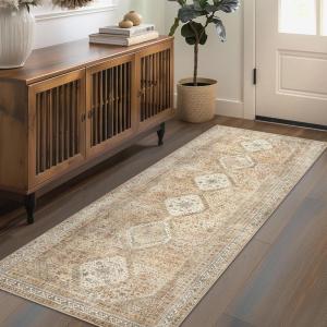 GENIMO 2’6”X6 Runner Rug Non Slip, Machine Washable Hallway Runners, Low Plie & Thin Vintage Rug for Hallway, Kitchen, Laundry, Entryway, Bedroom & Living Room, Dark Gray(Khaki)