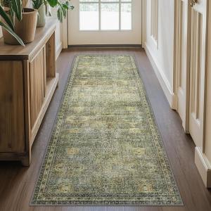 GENIMO 2’6”X6 Runner Rug Non Slip, Machine Washable Hallway Runners, Low Plie & Thin Vintage Rug for Hallway, Kitchen, Laundry, Entryway, Bedroom & Living Room, Dark Gray(Vetiver-green)