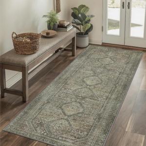 GENIMO 2’6”X6 Runner Rug Non Slip, Machine Washable Hallway Runners, Low Plie & Thin Vintage Rug for Hallway, Kitchen, Laundry, Entryway, Bedroom & Living Room, Dark Gray(Sage)