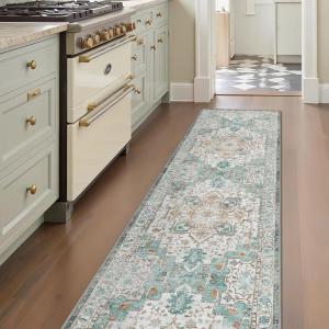 GENIMO 2’6”X6 Runner Rug Non Slip, Machine Washable Hallway Runners, Low Plie & Thin Vintage Rug for Hallway, Kitchen, Laundry, Entryway, Bedroom & Living Room, Dark Gray(Cyan)