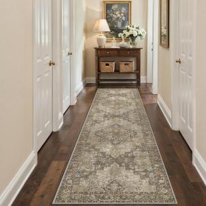 GENIMO 2’6”X6 Runner Rug Non Slip, Machine Washable Hallway Runners, Low Plie & Thin Vintage Rug for Hallway, Kitchen, Laundry, Entryway, Bedroom & Living Room, Dark Gray(Rustic Brown)