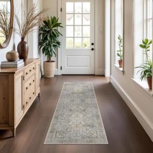 GENIMO 2’6”X6 Runner Rug Non Slip, Machine Washable Hallway Runners, Low Plie & Thin Vintage Rug for Hallway, Kitchen, Laundry, Entryway, Bedroom & Living Room, Dark Gray(Beige/Grey)