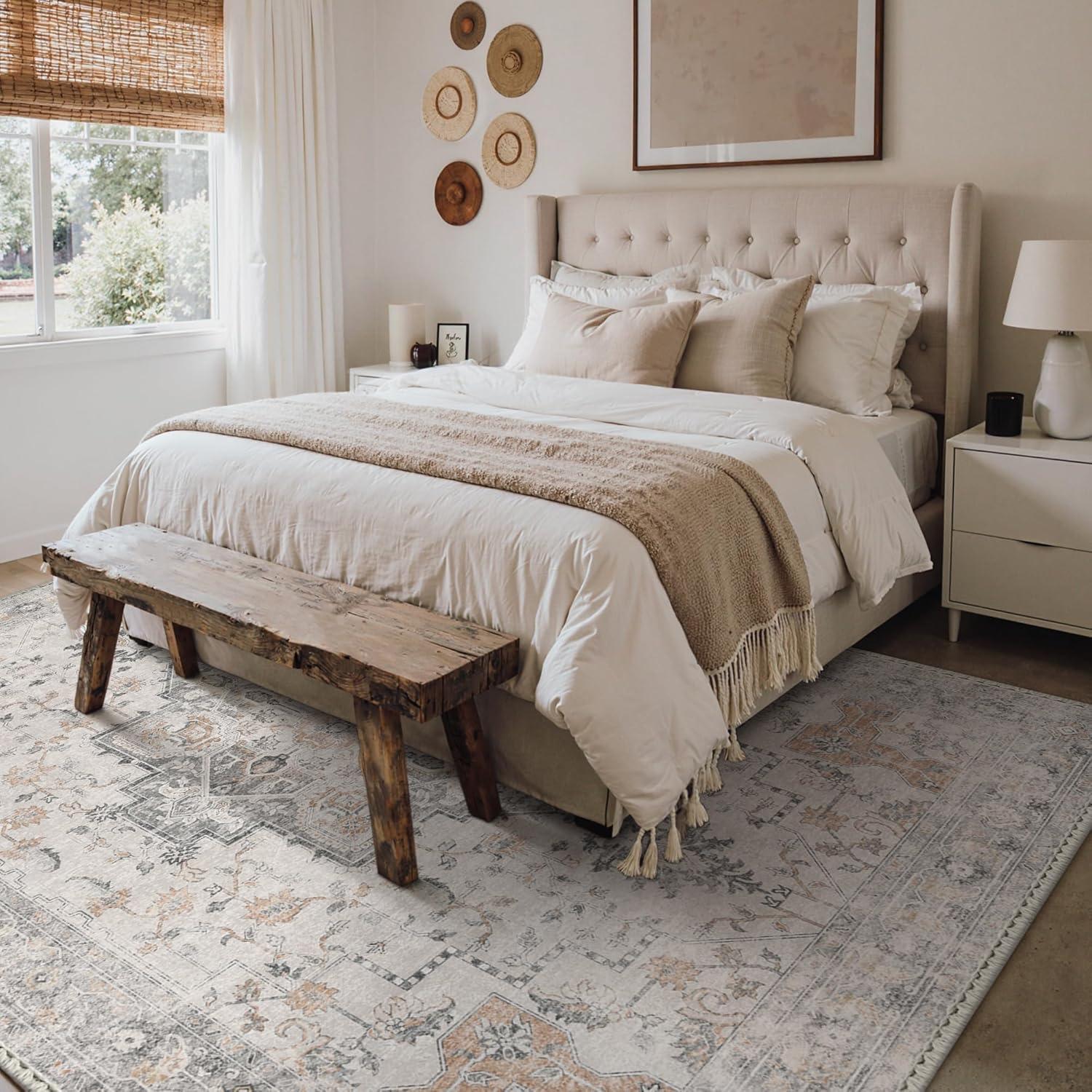imageGENIMO 4x6 Area Rugs for Living Room Machine Washable Low Pile Vintage Rugs Non Slip Lightweight Chenille Print Rug for Bedroom Dining Room Home Office Light Taupe Brown