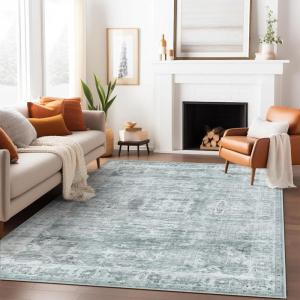 GENIMO 2×10 Runner Rugs for Hallway, Machine Washable Non Slip Vintage Rugs, Low Pile Lightweight Soft Print Rug for enrtyway, Corridor, Home Office, Kitchen, Charcoal Gray(Blue Gray)