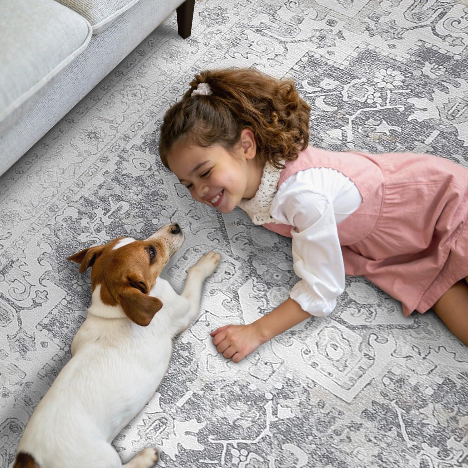 imageGENIMO 5x7 Area Rugs for Living Room Machine Washable Rug Non Slip Indoor Vintage Rug Low Pile Lightweight Chenille Print Carpet for Bedroom Dining Room Home Office Gray