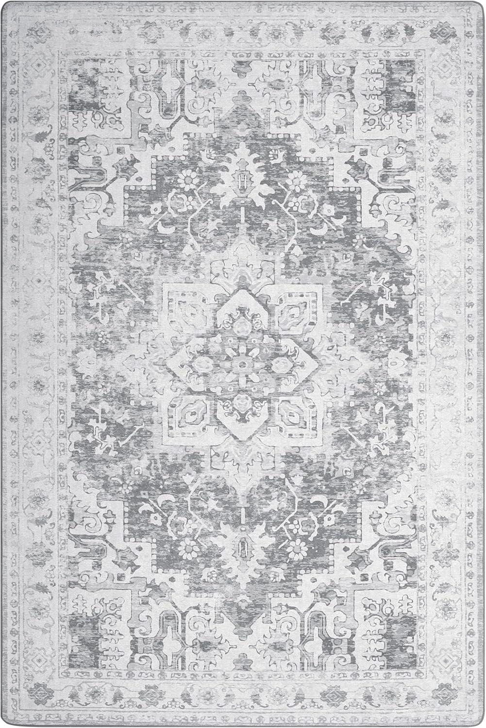 imageGENIMO 5x7 Area Rugs for Living Room Machine Washable Rug Non Slip Indoor Vintage Rug Low Pile Lightweight Chenille Print Carpet for Bedroom Dining Room Home Office Gray