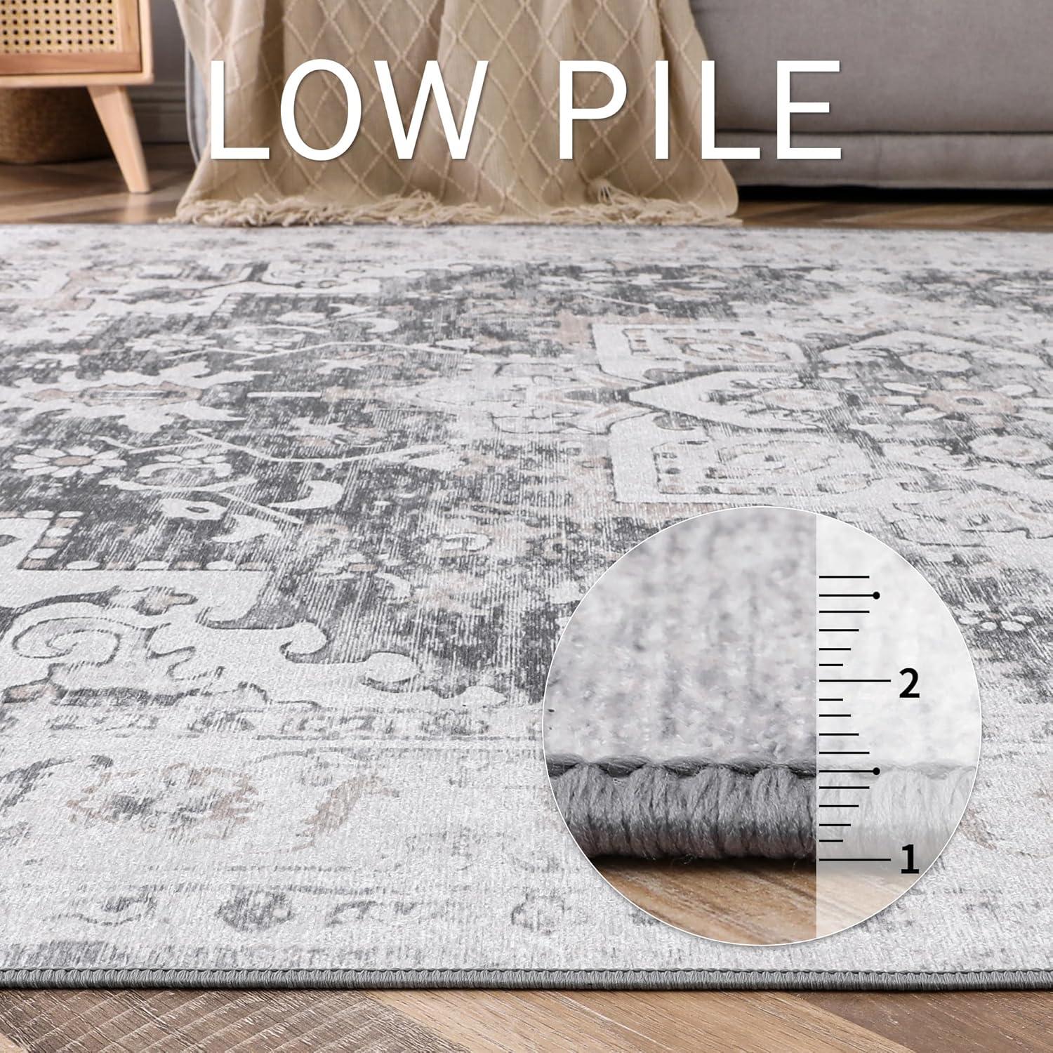 imageGENIMO 5x7 Area Rugs for Living Room Machine Washable Rug Non Slip Indoor Vintage Rug Low Pile Lightweight Chenille Print Carpet for Bedroom Dining Room Home Office Gray