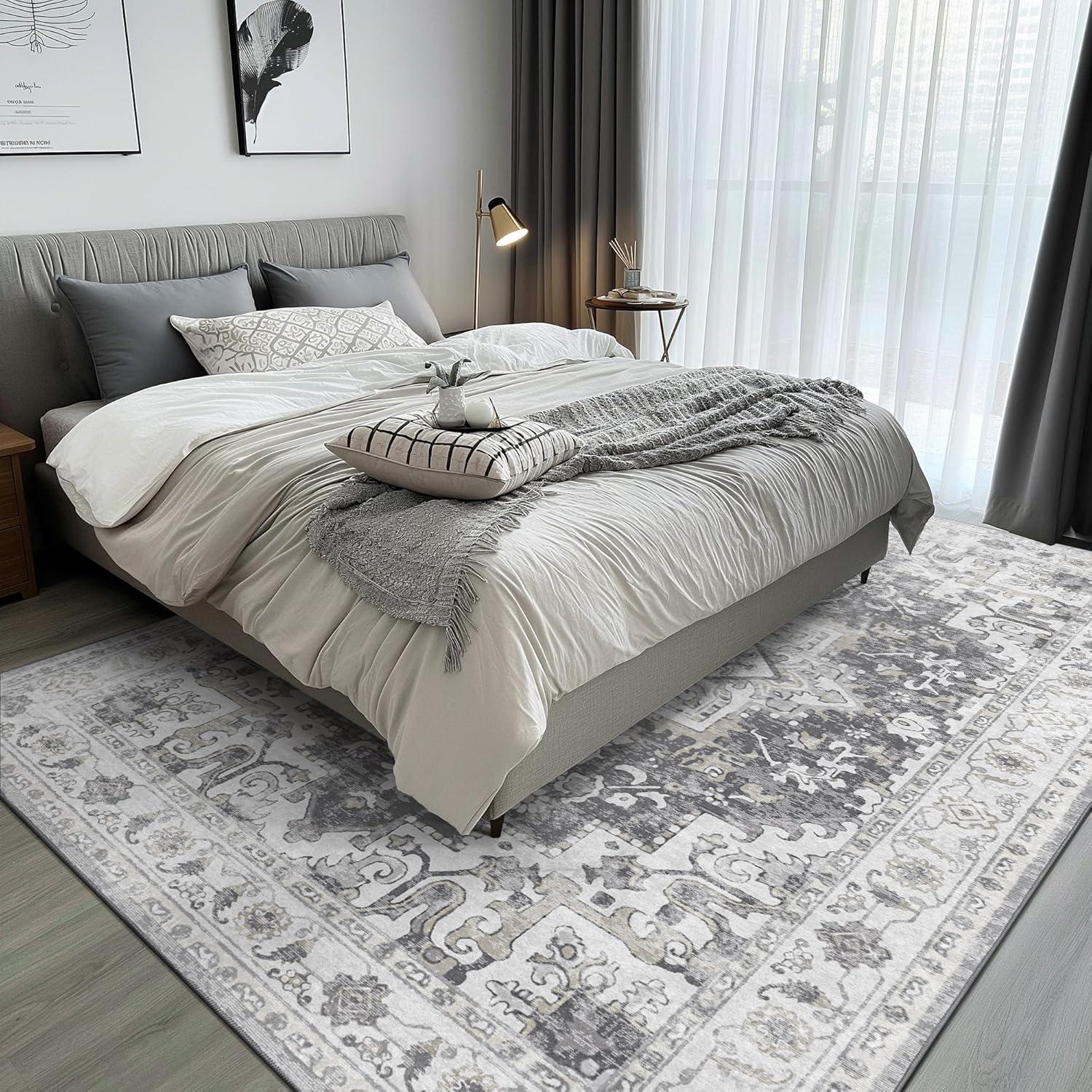 imageGENIMO 5x7 Area Rugs for Living Room Machine Washable Rug Non Slip Indoor Vintage Rug Low Pile Lightweight Chenille Print Carpet for Bedroom Dining Room Home Office Gray
