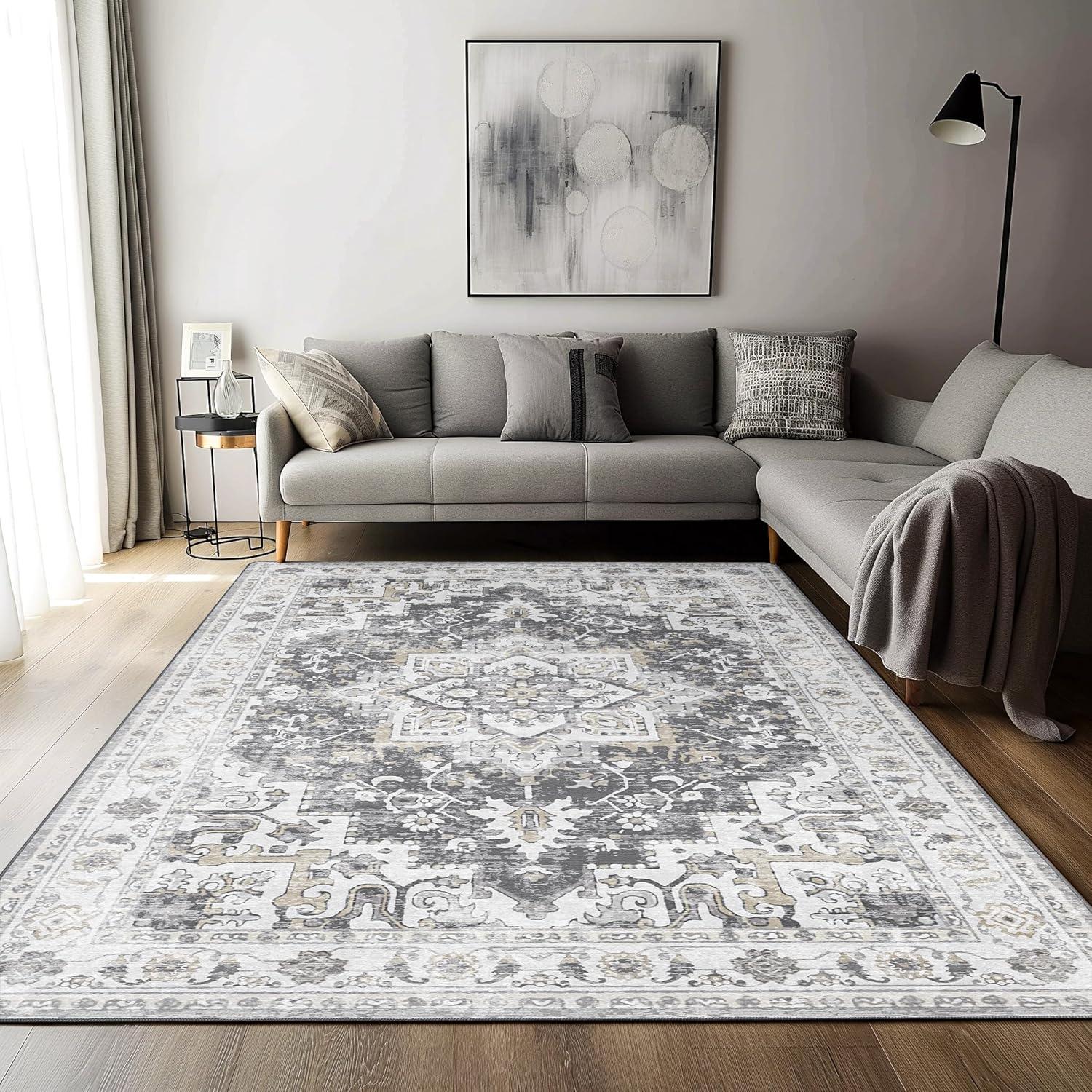 imageGENIMO 5x7 Area Rugs for Living Room Machine Washable Rug Non Slip Indoor Vintage Rug Low Pile Lightweight Chenille Print Carpet for Bedroom Dining Room Home Office Gray