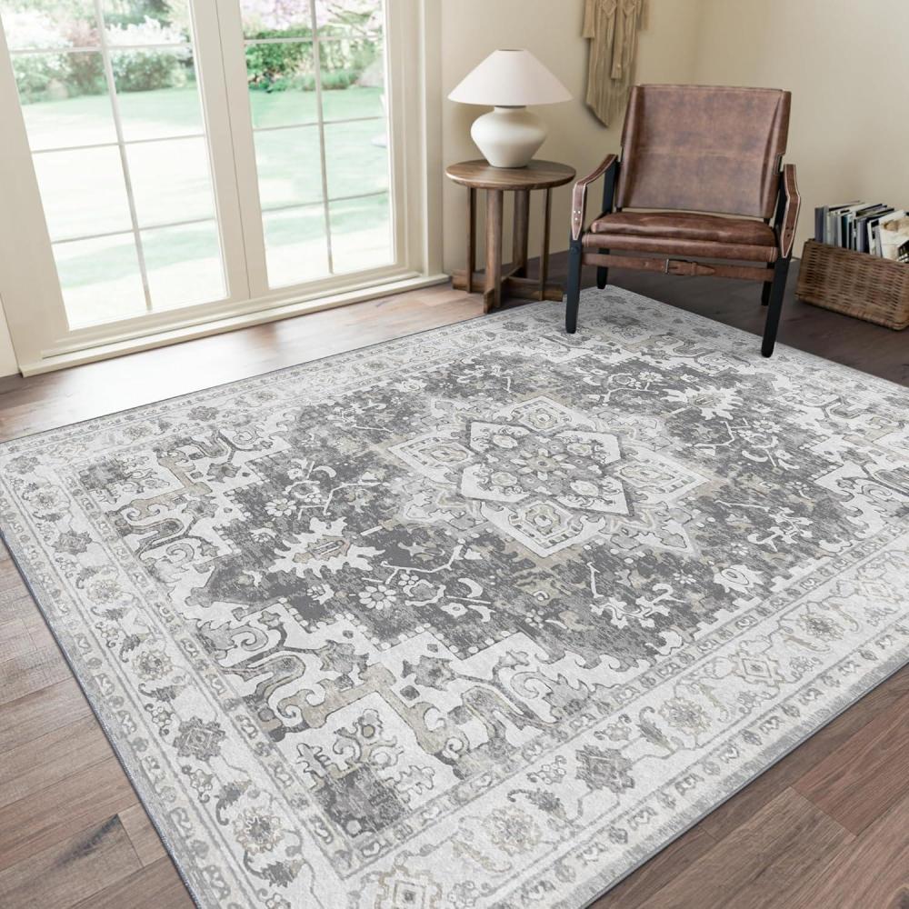 imageGENIMO 5x7 Area Rugs for Living Room Machine Washable Rug Non Slip Indoor Vintage Rug Low Pile Lightweight Chenille Print Carpet for Bedroom Dining Room Home Office Gray