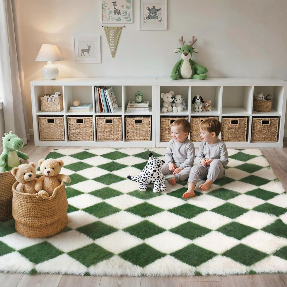 imageGENIMO Checkered Rug 8x10 Area Rugs for Kids Bedroom Soft Shag Rug Fluffy Fuzzy Carpet Plush Rugs for Living Room Nursery Playroom Dorm Modern Home Decor Aesthetic Green and WhiteGreen White
