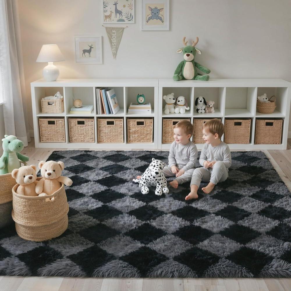imageGENIMO Checkered Rug 8x10 Area Rugs for Kids Bedroom Soft Shag Rug Fluffy Fuzzy Carpet Plush Rugs for Living Room Nursery Playroom Dorm Modern Home Decor Aesthetic Green and WhiteBlack Grey