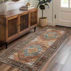 GENIMO 2×7 Runner Rugs for Hallway, Machine Washable Non Slip Vintage Rugs, Low Pile Lightweight Soft Print Rug for enrtyway, Corridor, Home Office, Kitchen, Vintage Brown/Blue