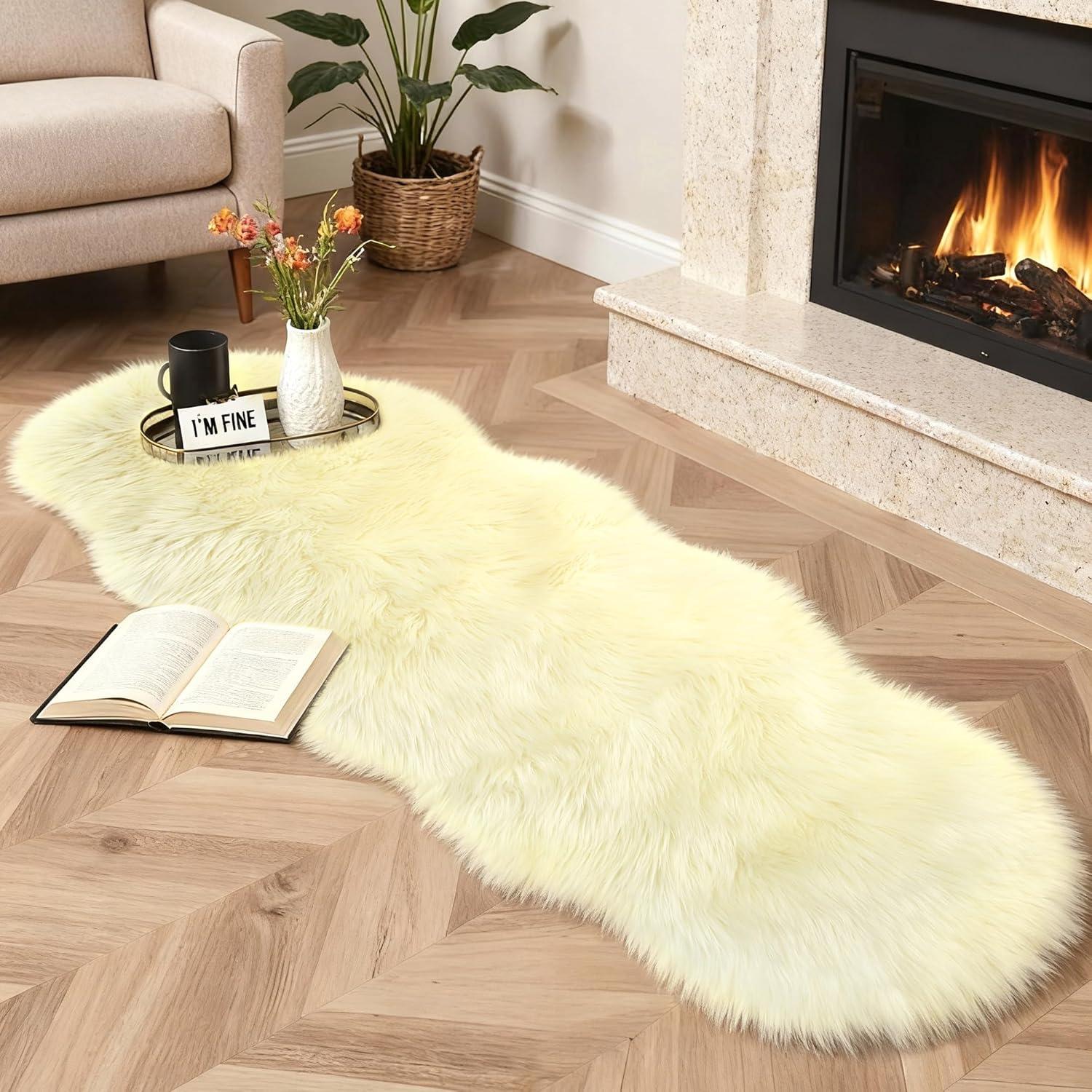 imageGENIMO 2x6 Fluffy Faux Fur Rug Runner Ultra Soft Shaggy Sheepskin Rug High Pile Suede Backed Plush Area Rugs for Bedroom Living Room Indoor Floor Chair Cover Sofa Cream