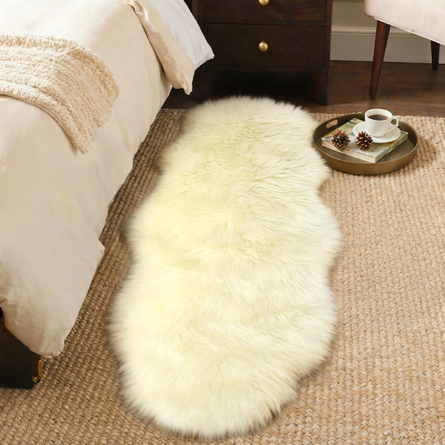 imageGENIMO 2x6 Fluffy Faux Fur Rug Runner Ultra Soft Shaggy Sheepskin Rug High Pile Suede Backed Plush Area Rugs for Bedroom Living Room Indoor Floor Chair Cover Sofa Cream