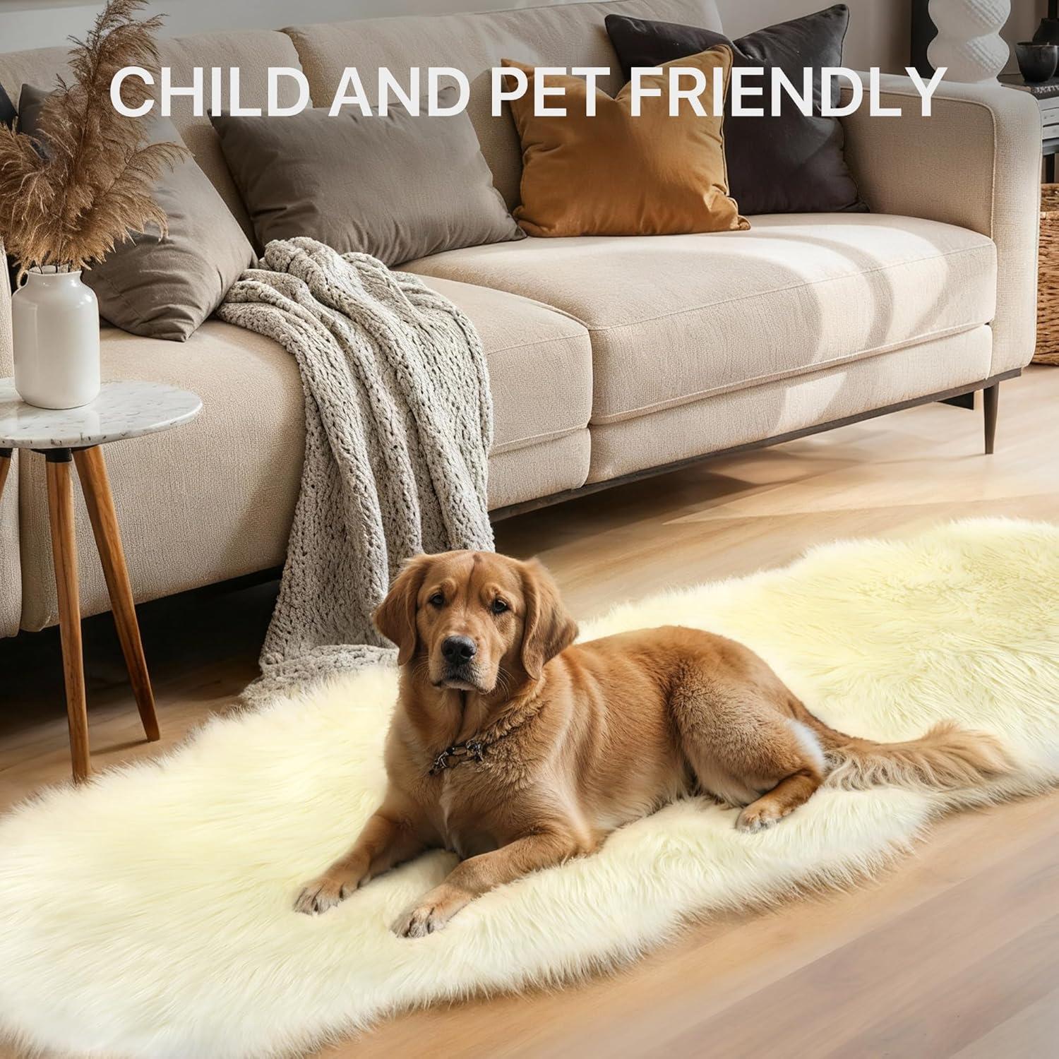 imageGENIMO 2x6 Fluffy Faux Fur Rug Runner Ultra Soft Shaggy Sheepskin Rug High Pile Suede Backed Plush Area Rugs for Bedroom Living Room Indoor Floor Chair Cover Sofa Cream