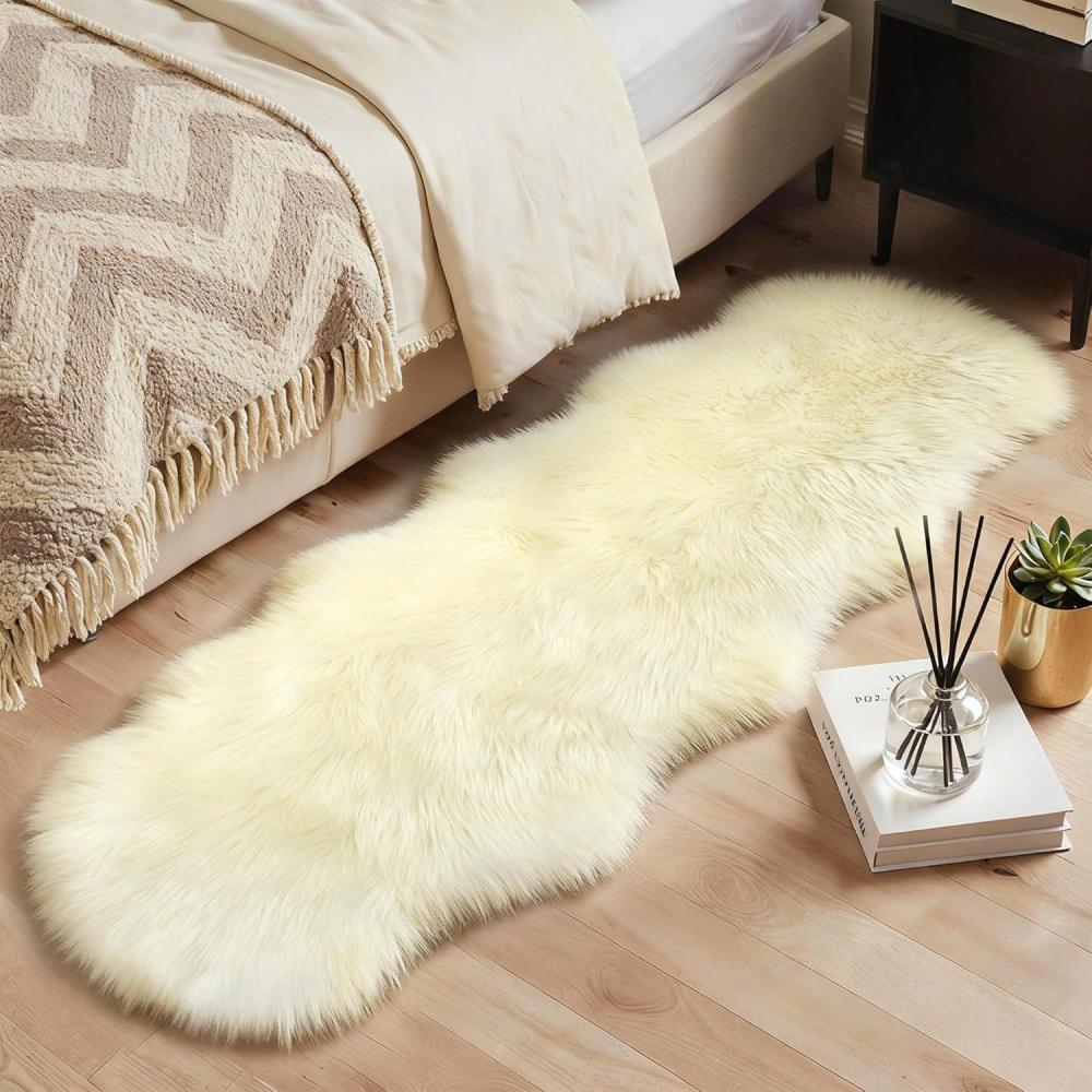 imageGENIMO 2x6 Fluffy Faux Fur Rug Runner Ultra Soft Shaggy Sheepskin Rug High Pile Suede Backed Plush Area Rugs for Bedroom Living Room Indoor Floor Chair Cover Sofa Cream