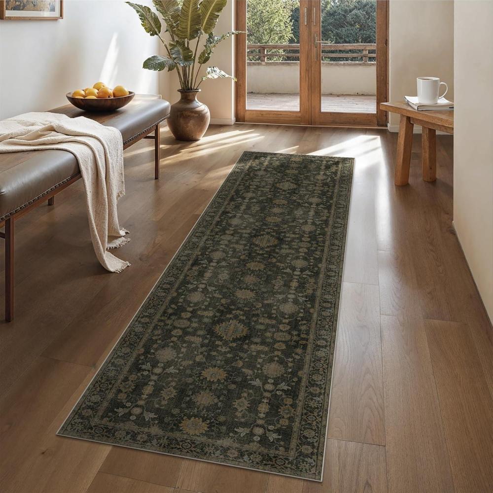 imageGENIMO Area Rugs for Living Room Machine Washable 8x10 Non Slip Boho Vintage Lightweight Washable Rugs Thin Floral Rugs for Bedroom Dining Room Office Moss TaupeWood Brown