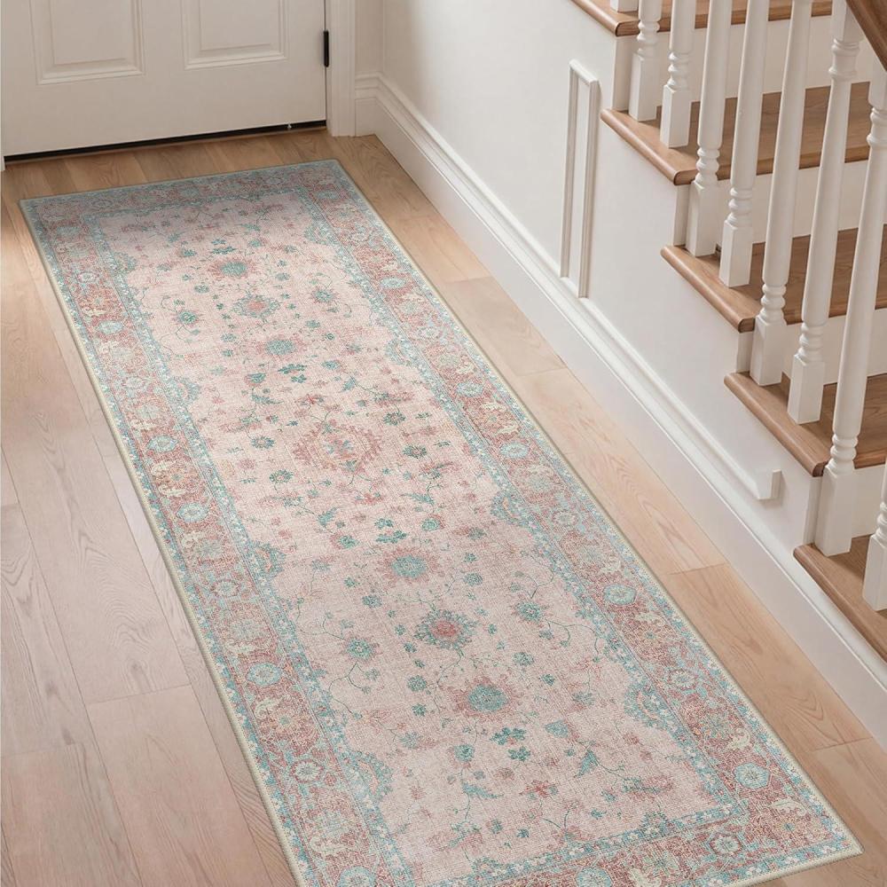 imageGENIMO Area Rugs for Living Room Machine Washable 8x10 Non Slip Boho Vintage Lightweight Washable Rugs Thin Floral Rugs for Bedroom Dining Room Office Moss TaupeMisty Pink