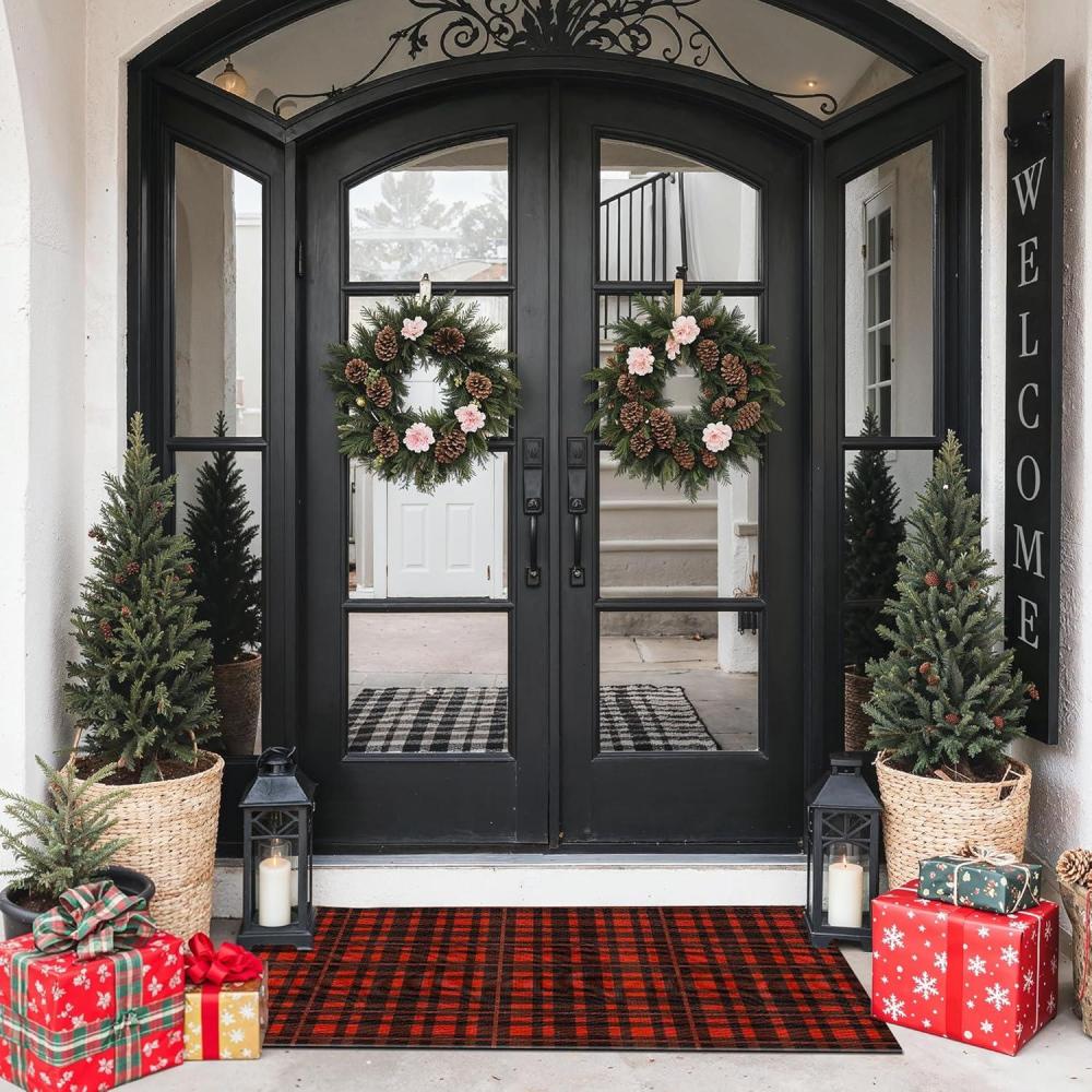 imageGENIMO Christmas Door Mat 28X44 Inch Buffalo Plaid Christmas Decor Rug Outdoor Geometric Checked Rugs Washable Carpet for Front Porch Kitchen Farmhouse Entryway Low Pile Doormat Black and Red