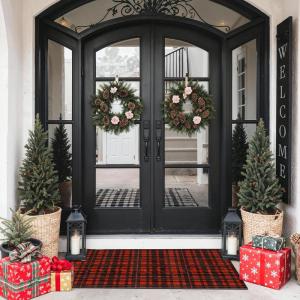 GENIMO Christmas Door Mat 28X44 Inch Buffalo Plaid Christmas Decor Rug Outdoor Geometric Checked Rugs, Washable Carpet for Front Porch, Kitchen, Farmhouse, Entryway Low Pile Doormat Black and Red