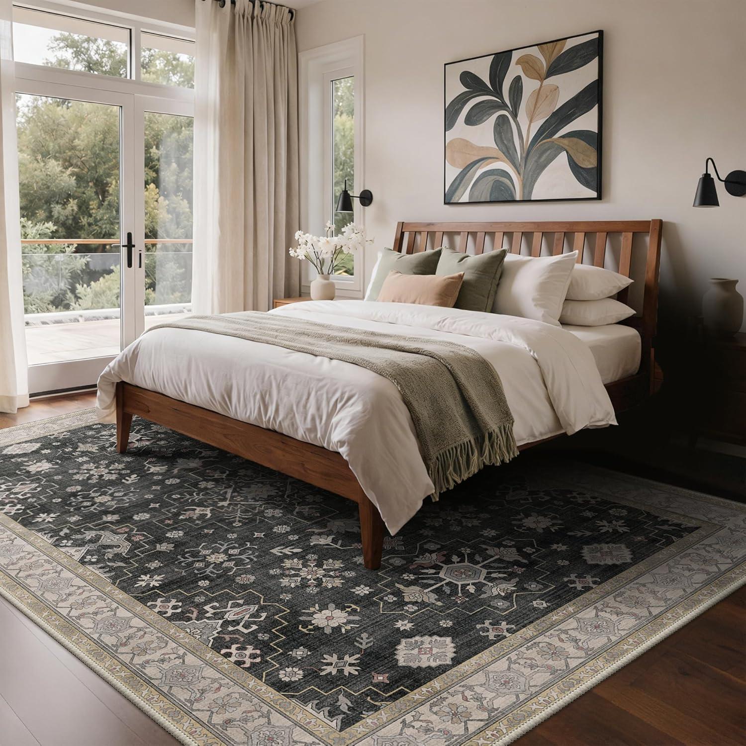 imageGENIMO 8x10 Area Rugs for Living RoomMachine Washable NonSlip Vintage Rug Low Pile Lightweight Carpet for Bedroom Dining Room Home Office Stain ampamp Fade ResistantBlackBlack