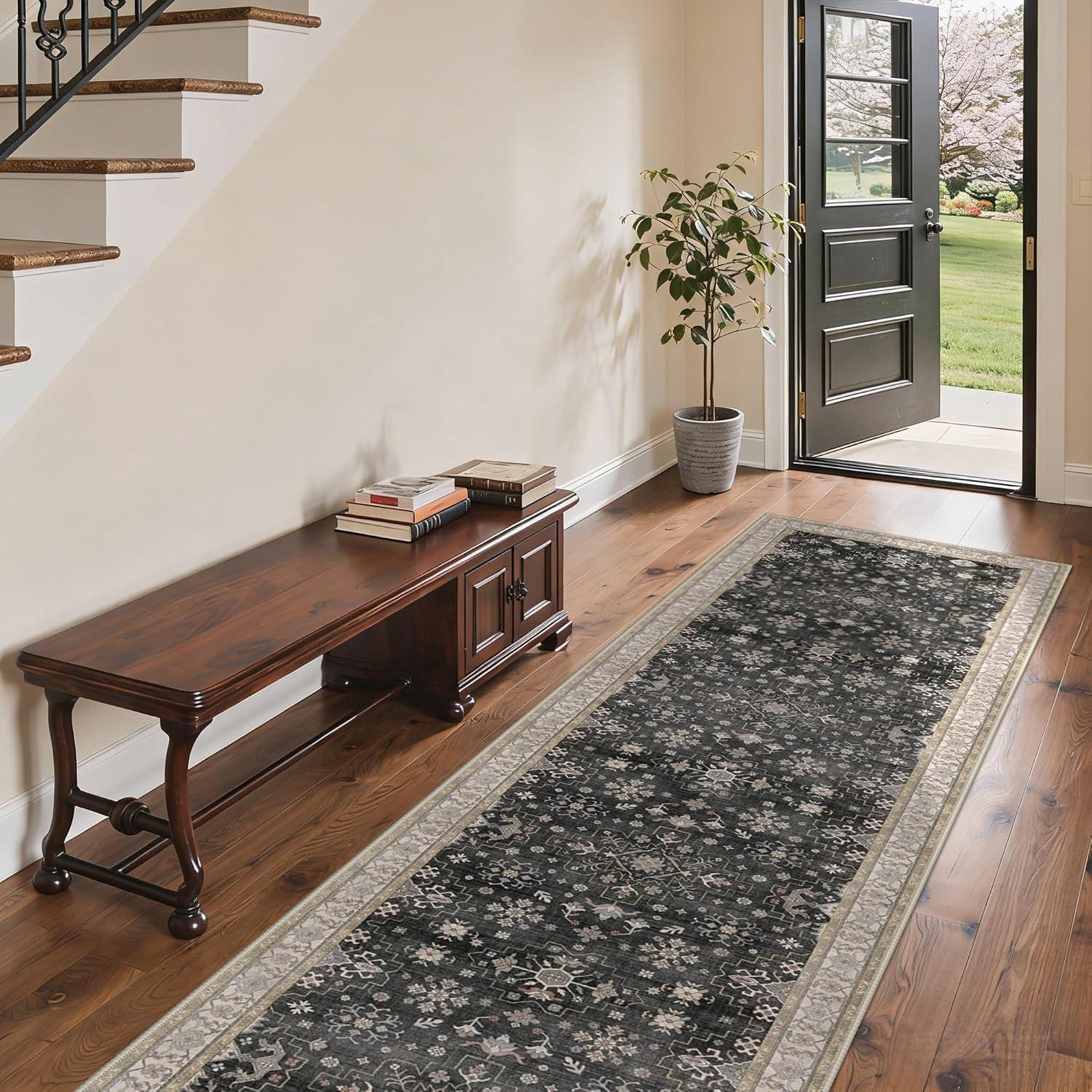 imageGENIMO 8x10 Area Rugs for Living RoomMachine Washable NonSlip Vintage Rug Low Pile Lightweight Carpet for Bedroom Dining Room Home Office Stain ampamp Fade ResistantBlackBlack