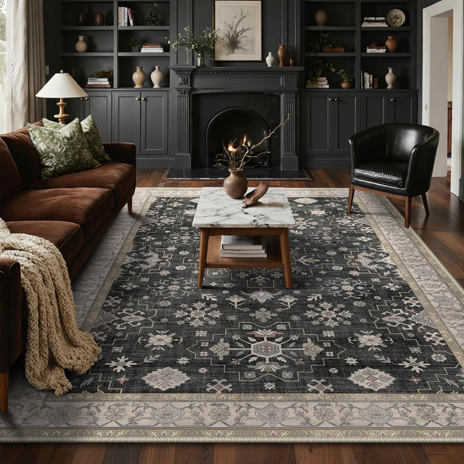 imageGENIMO 8x10 Area Rugs for Living RoomMachine Washable NonSlip Vintage Rug Low Pile Lightweight Carpet for Bedroom Dining Room Home Office Stain ampamp Fade ResistantBlackBlack