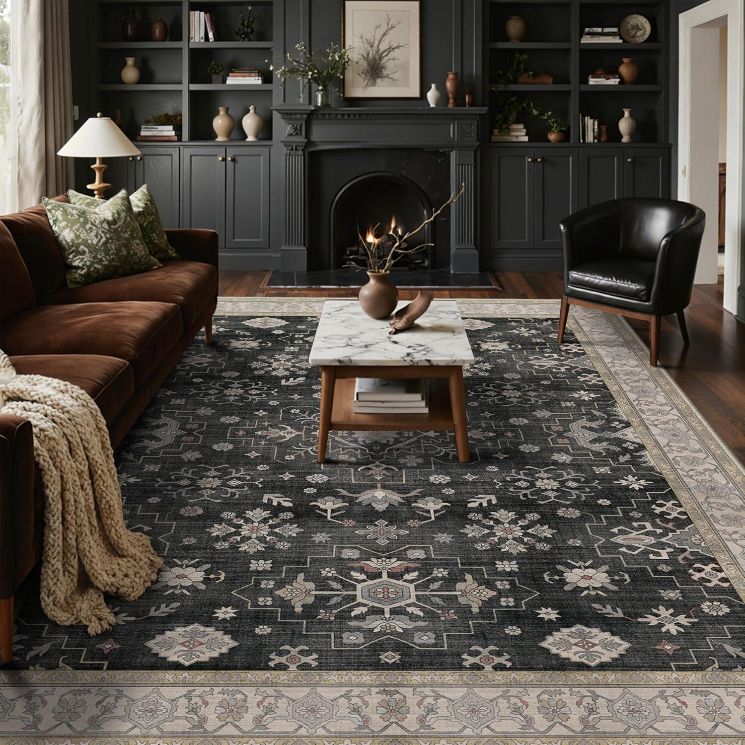 imageGENIMO 8x10 Area Rugs for Living RoomMachine Washable NonSlip Vintage Rug Low Pile Lightweight Carpet for Bedroom Dining Room Home Office Stain ampamp Fade ResistantBlackBlack