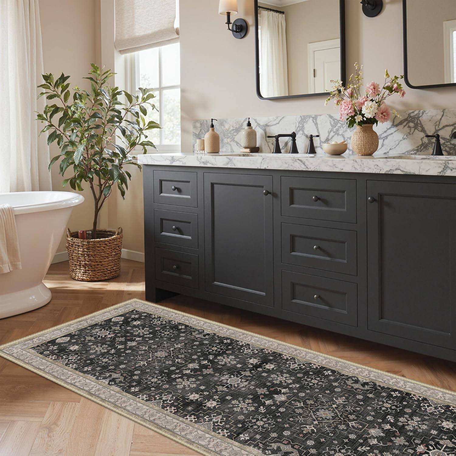 imageGENIMO 8x10 Area Rugs for Living RoomMachine Washable NonSlip Vintage Rug Low Pile Lightweight Carpet for Bedroom Dining Room Home Office Stain ampamp Fade ResistantBlackBlack