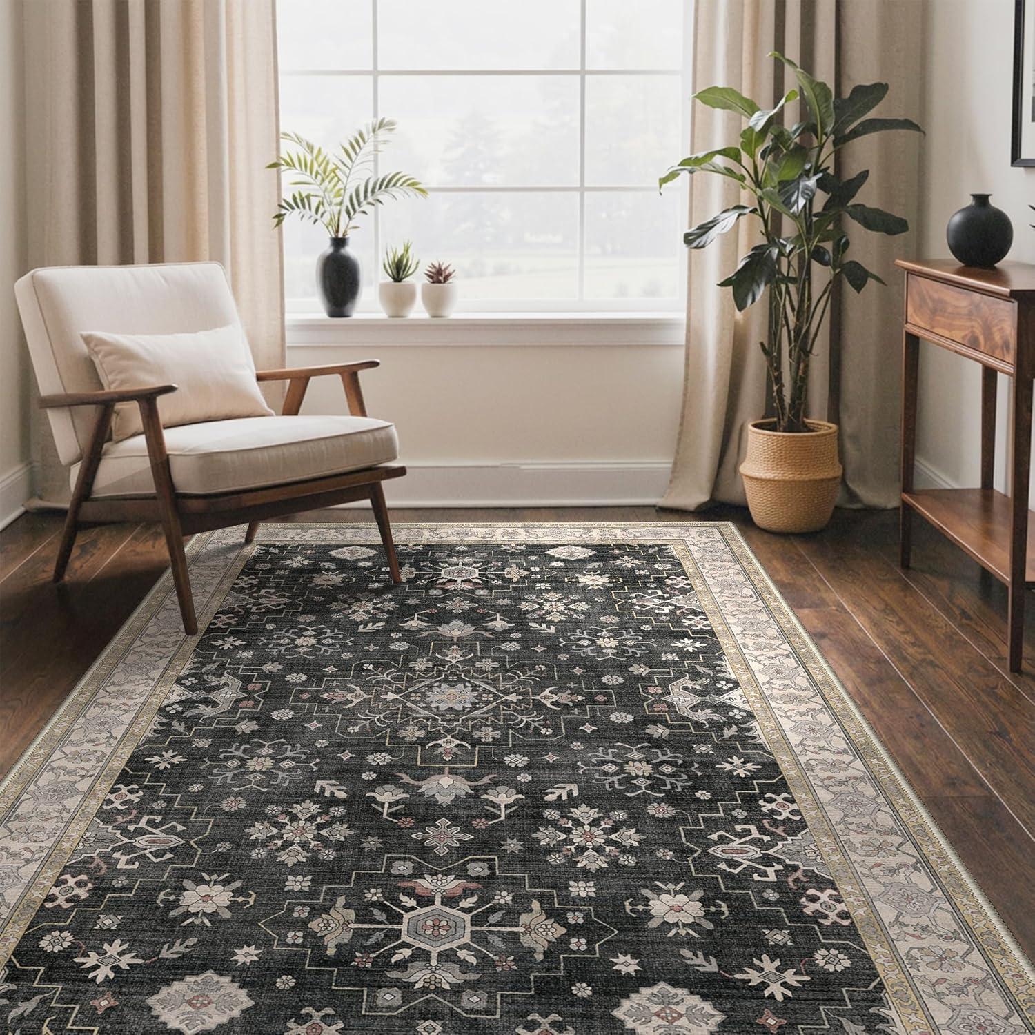 imageGENIMO 8x10 Area Rugs for Living RoomMachine Washable NonSlip Vintage Rug Low Pile Lightweight Carpet for Bedroom Dining Room Home Office Stain ampamp Fade ResistantBlackBlack