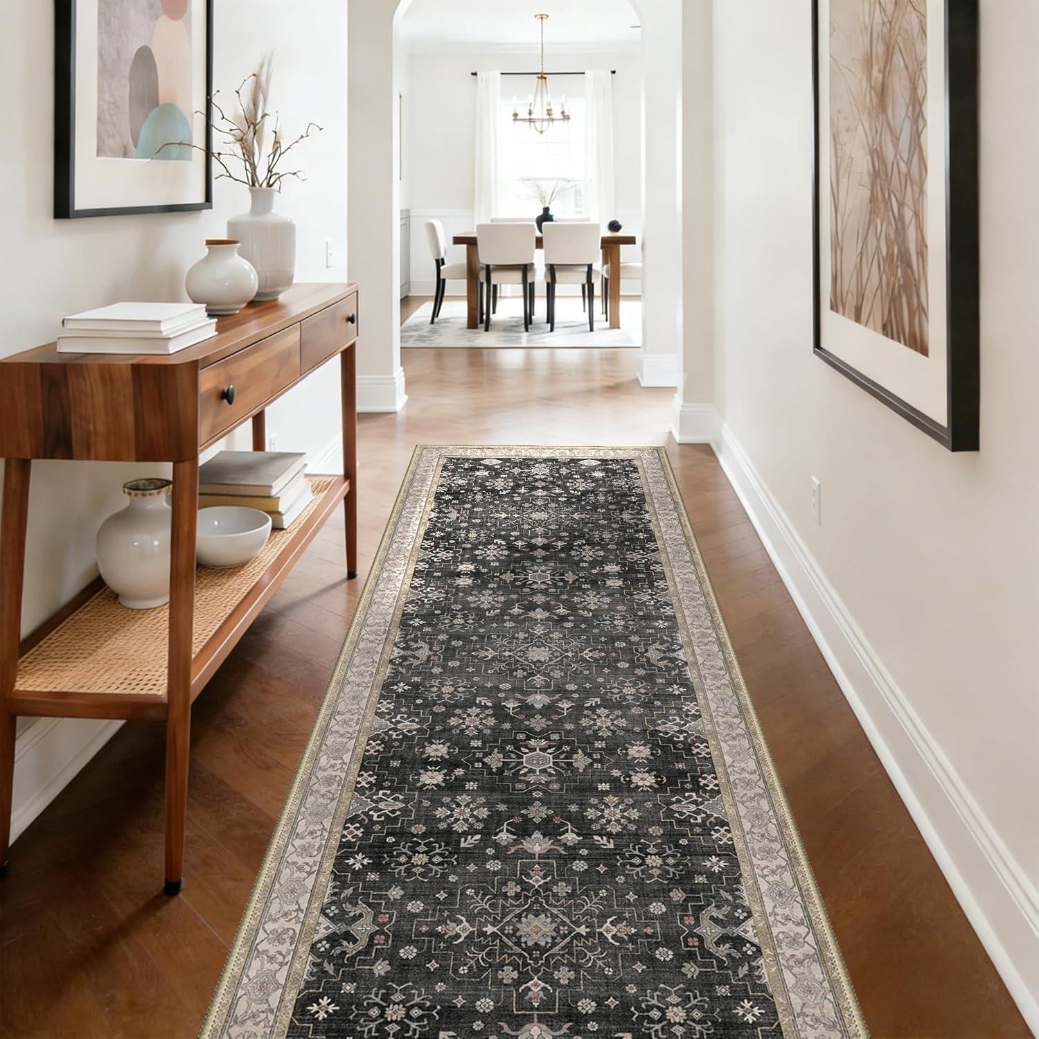 imageGENIMO 8x10 Area Rugs for Living RoomMachine Washable NonSlip Vintage Rug Low Pile Lightweight Carpet for Bedroom Dining Room Home Office Stain ampamp Fade ResistantBlackBlack