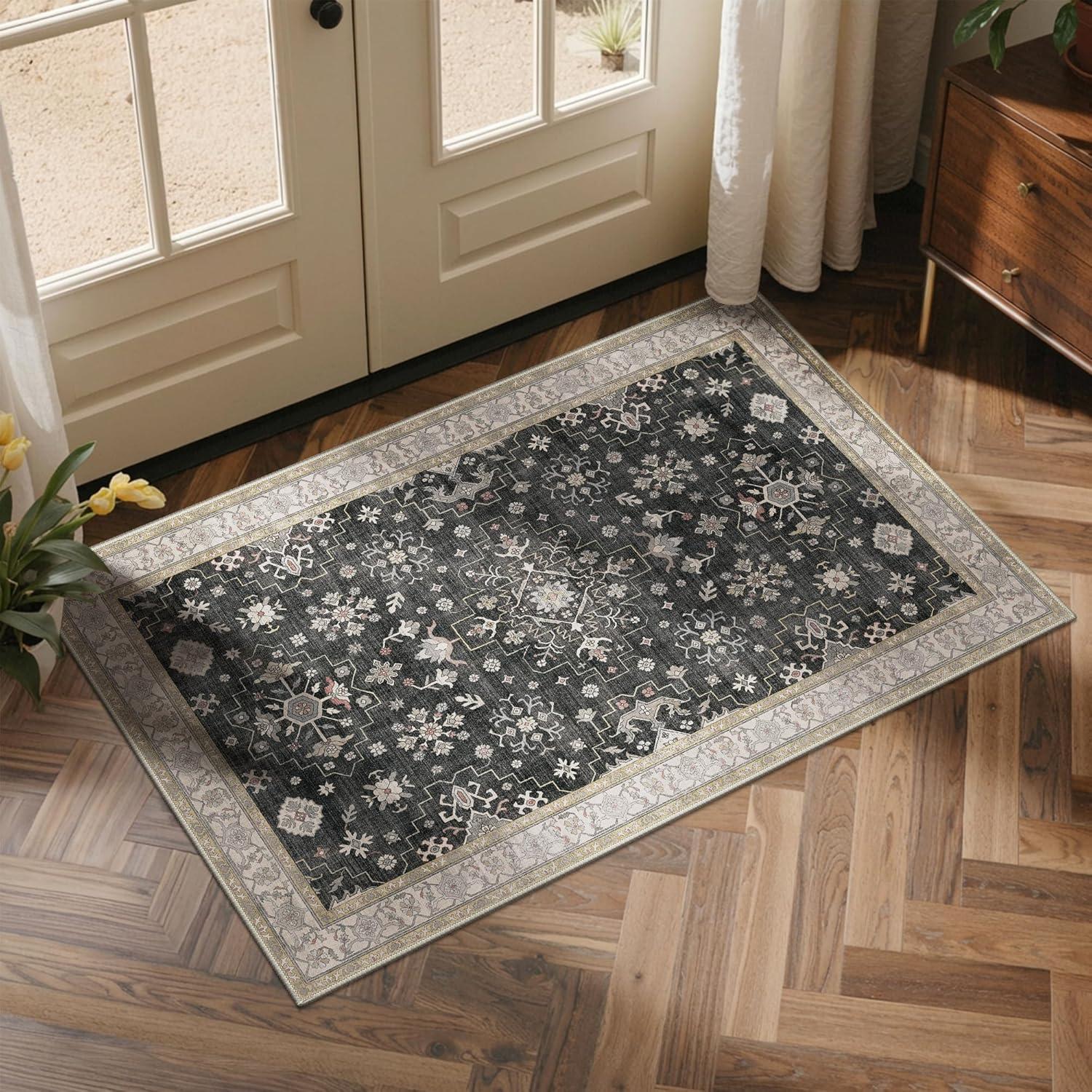 imageGENIMO 8x10 Area Rugs for Living RoomMachine Washable NonSlip Vintage Rug Low Pile Lightweight Carpet for Bedroom Dining Room Home Office Stain ampamp Fade ResistantBlackBlack