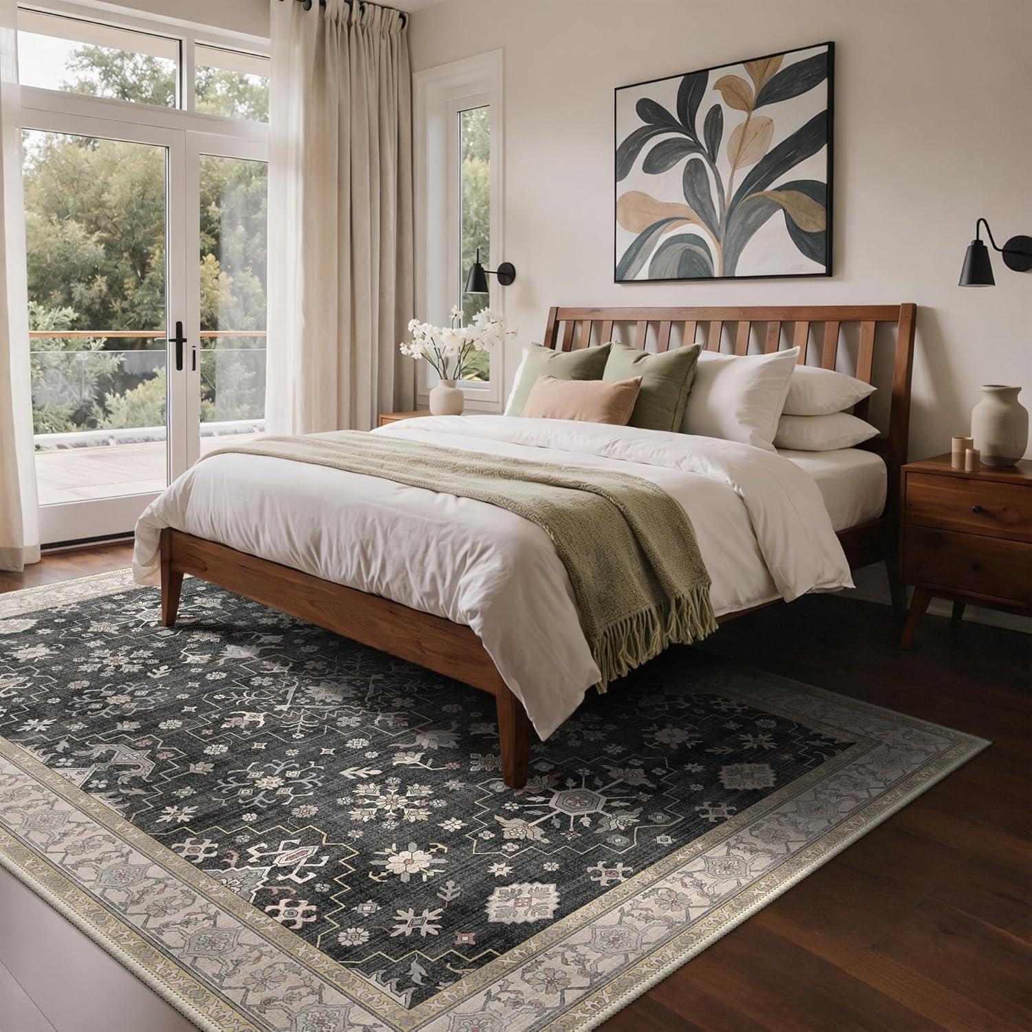 imageGENIMO 8x10 Area Rugs for Living RoomMachine Washable NonSlip Vintage Rug Low Pile Lightweight Carpet for Bedroom Dining Room Home Office Stain ampamp Fade ResistantBlackBlack