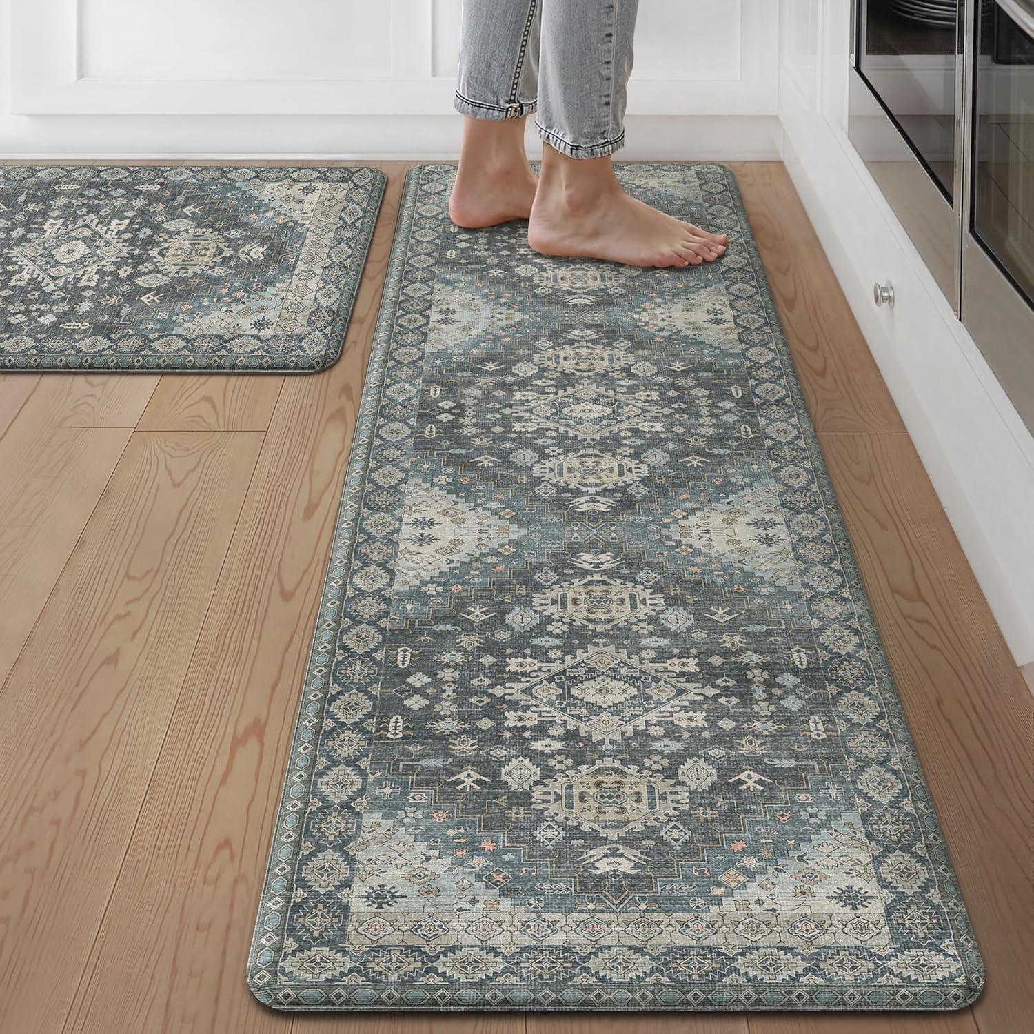 imageGENIMO Kitchen Mats for Floor 2PCS Kitchen Rugs Non Slip Washable Waterproof Anti Fatigue Mat Comfort Standing Runner Rug for Sink Office Laundry Home 173quotx47quot173quotx30quot RetroBrickBlue