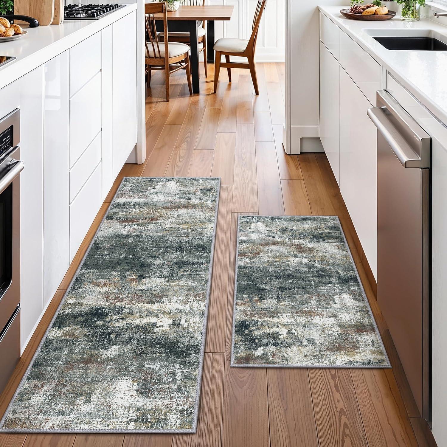 imageGENIMO Kitchen Mats for Floor Set of 3 NonSlip Washable Waterproof Lightweight Kitchen Rugs Kitchen Floor Mat Runner Rug Carpet for Laundry Sink Hallway Bathroom Entryway BrownGreenBlackBrown