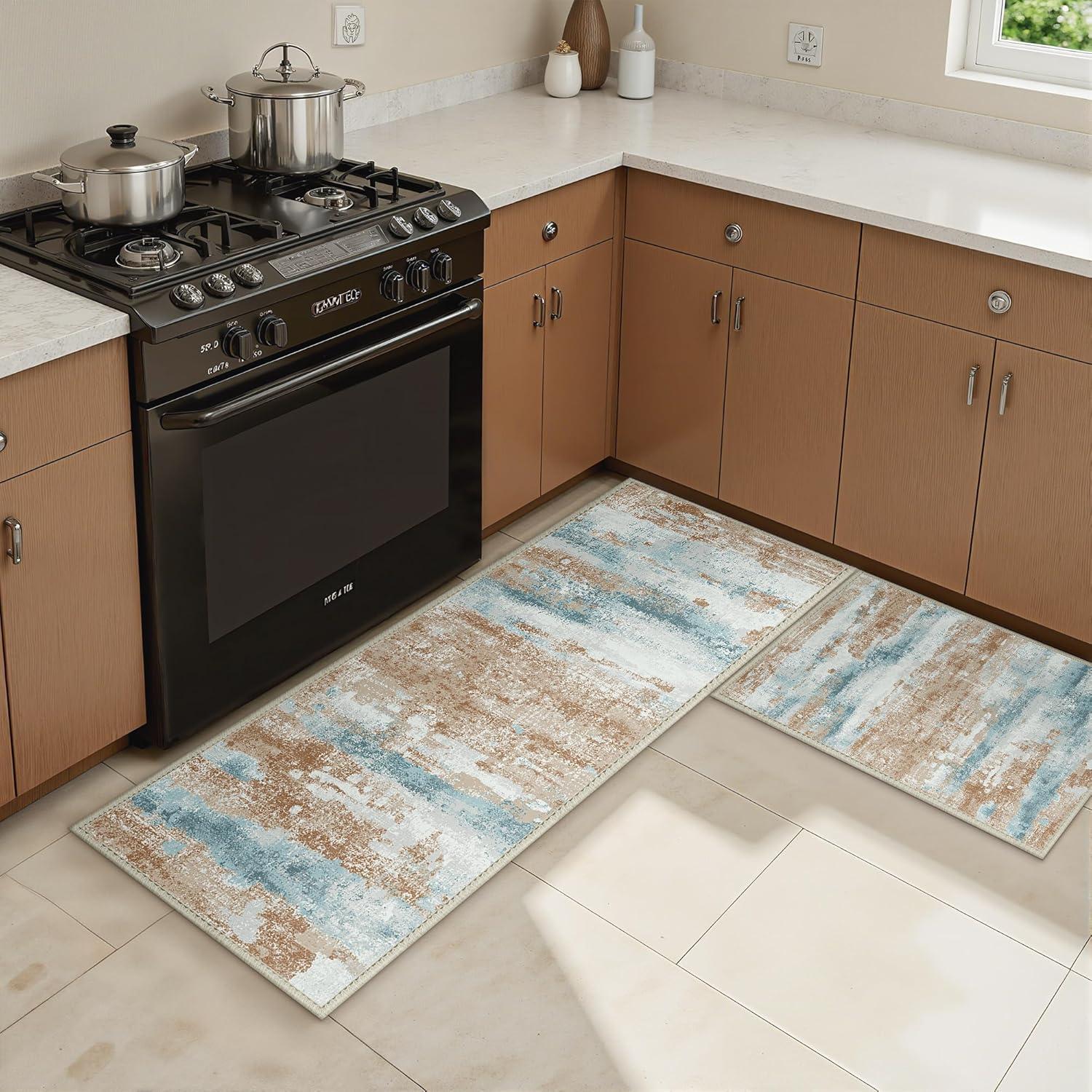 imageGENIMO Kitchen Mats for Floor Set of 3 NonSlip Washable Waterproof Lightweight Kitchen Rugs Kitchen Floor Mat Runner Rug Carpet for Laundry Sink Hallway Bathroom Entryway BrownGreenMix Green Brown