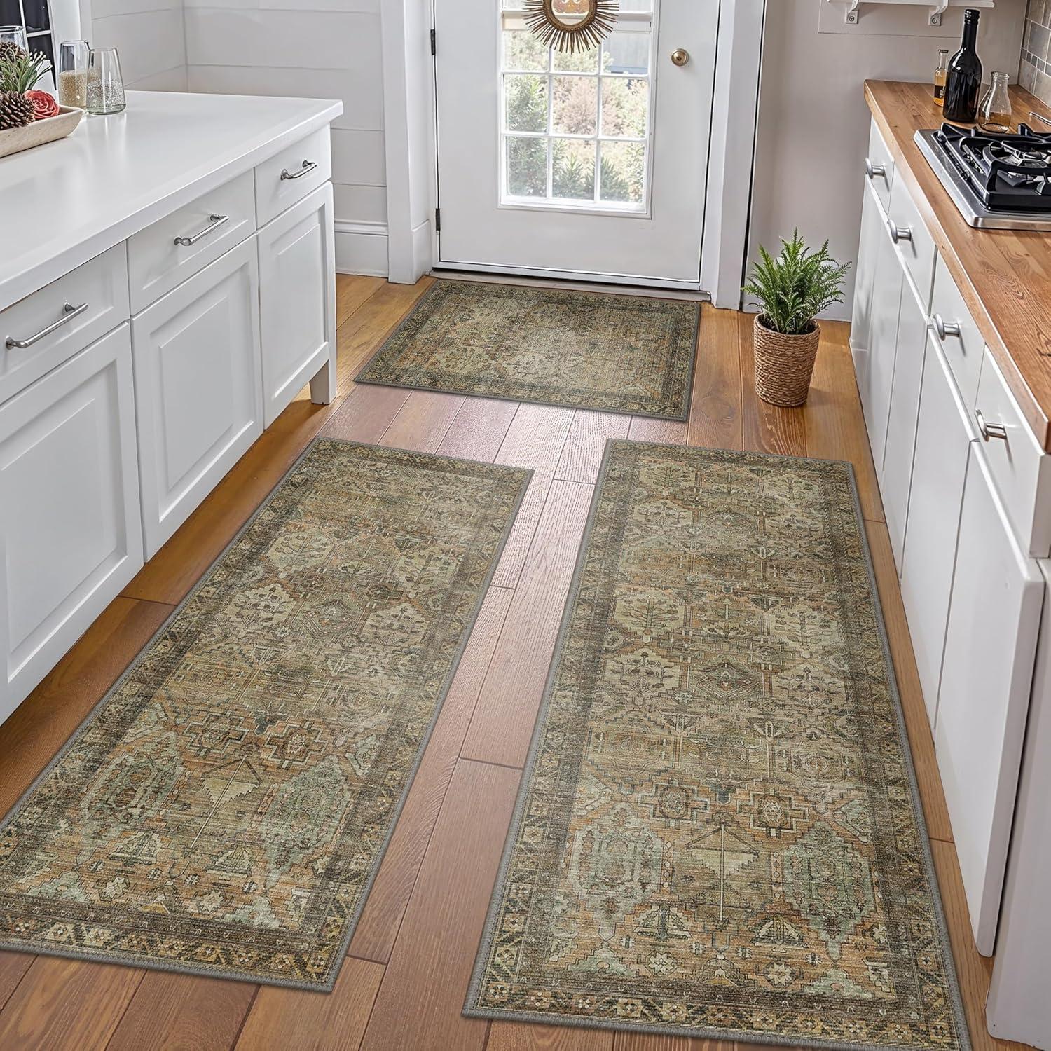 imageGENIMO Kitchen Mats for Floor Set of 3 NonSlip Washable Waterproof Lightweight Kitchen Rugs Kitchen Floor Mat Runner Rug Carpet for Laundry Sink Hallway Bathroom Entryway BrownGreenBrown Green