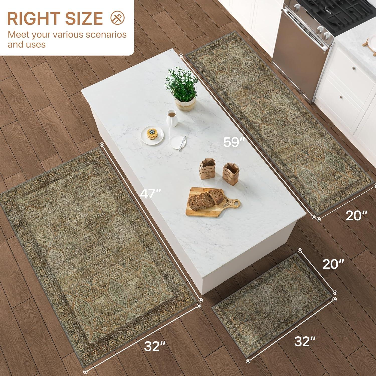 imageGENIMO Kitchen Mats for Floor Set of 3 NonSlip Washable Waterproof Lightweight Kitchen Rugs Kitchen Floor Mat Runner Rug Carpet for Laundry Sink Hallway Bathroom Entryway BrownGreenBrown Green