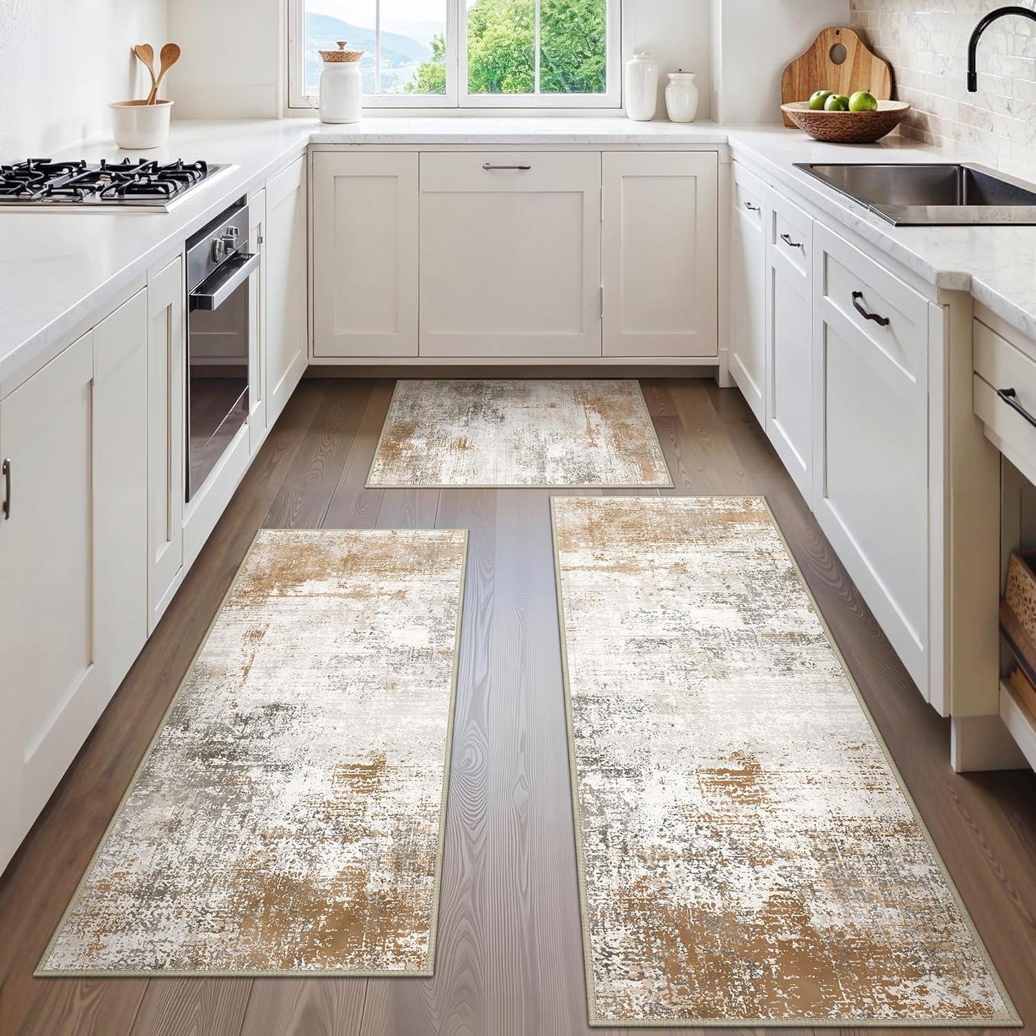 imageGENIMO Kitchen Mats for Floor Set of 3 NonSlip Washable Waterproof Lightweight Kitchen Rugs Kitchen Floor Mat Runner Rug Carpet for Laundry Sink Hallway Bathroom Entryway BrownGreenGold