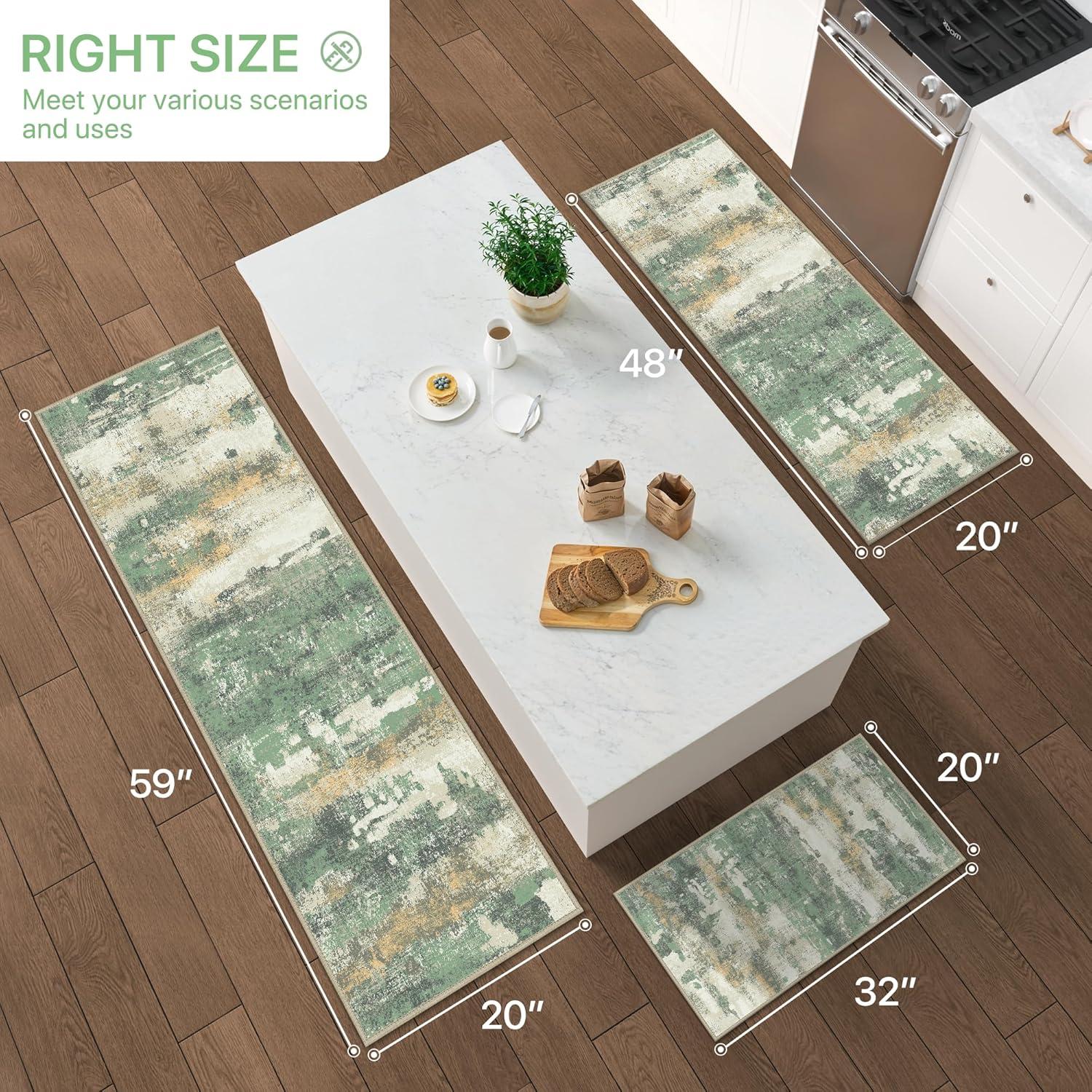 imageGENIMO Kitchen Mats for Floor Set of 3 NonSlip Washable Waterproof Lightweight Kitchen Rugs Kitchen Floor Mat Runner Rug Carpet for Laundry Sink Hallway Bathroom Entryway BrownGreenGreen