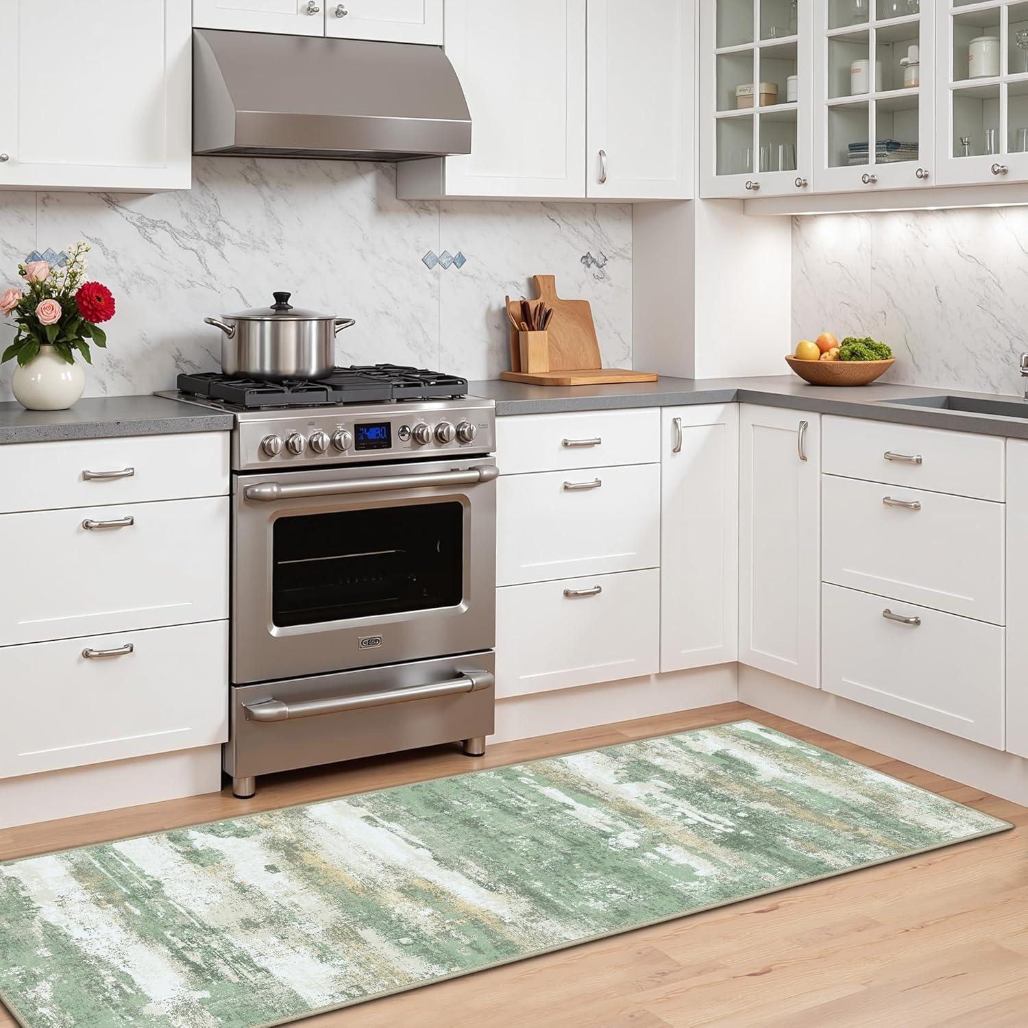 imageGENIMO Kitchen Mats for Floor Set of 3 NonSlip Washable Waterproof Lightweight Kitchen Rugs Kitchen Floor Mat Runner Rug Carpet for Laundry Sink Hallway Bathroom Entryway BrownGreenGreen
