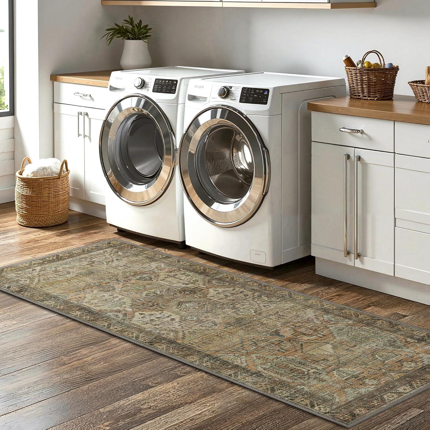 imageGENIMO Kitchen Mats for Floor Set of 3 NonSlip Washable Waterproof Lightweight Kitchen Rugs Kitchen Floor Mat Runner Rug Carpet for Laundry Sink Hallway Bathroom Entryway BrownGreenBrown Green