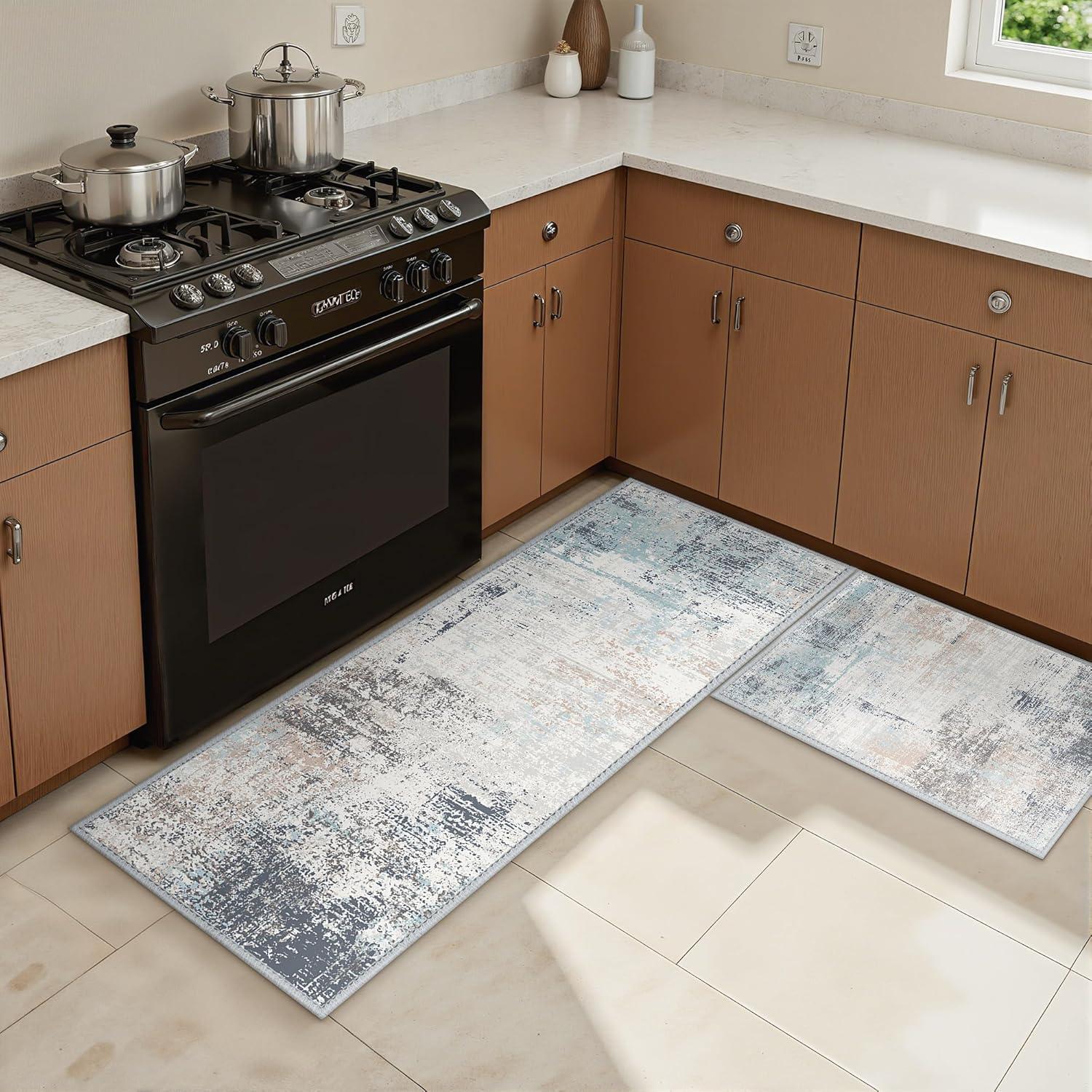 imageGENIMO Kitchen Mats for Floor Set of 3 NonSlip Washable Waterproof Lightweight Kitchen Rugs Kitchen Floor Mat Runner Rug Carpet for Laundry Sink Hallway Bathroom Entryway BrownGreenDgreen Brown