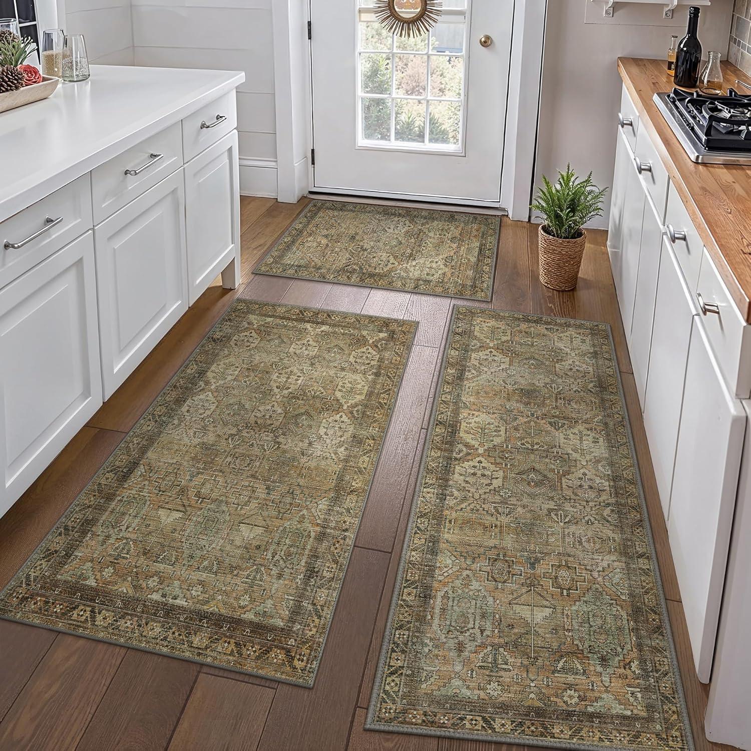 imageGENIMO Kitchen Mats for Floor Set of 3 NonSlip Washable Waterproof Lightweight Kitchen Rugs Kitchen Floor Mat Runner Rug Carpet for Laundry Sink Hallway Bathroom Entryway BrownGreenBrown Green